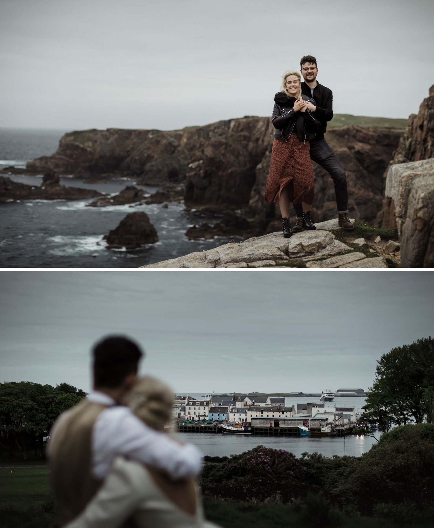 Collage of Iain and Laura in Uig and looking out towards Stornoway on their wedding day